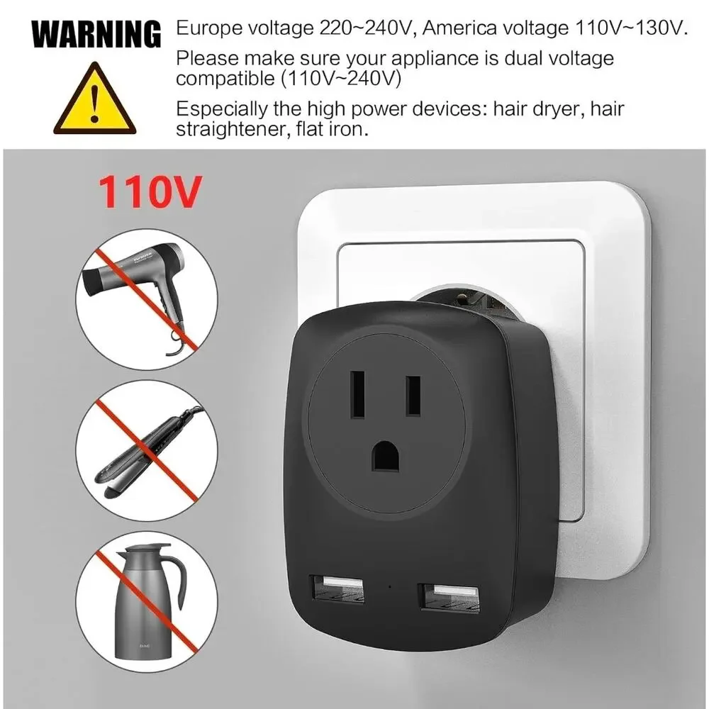 2 European Travel Plug Adapter International Power Outlet USB US to EU UK s3